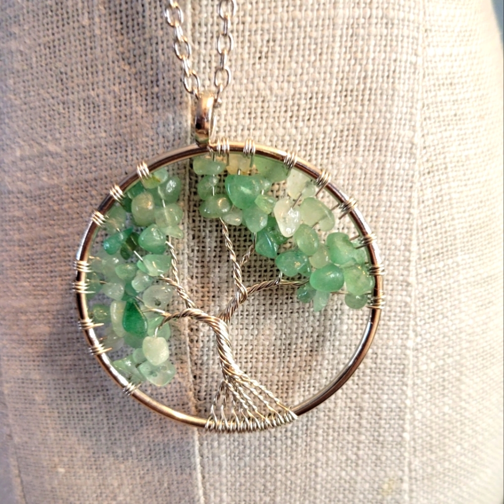 Tree of life handcrafted green aventurine necklace silver
